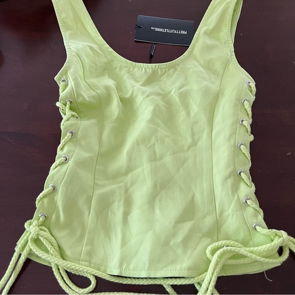 Bright Lime Green Woven Lace Up Detail Plunge Sleeveless Sexy Top size 4 NWT - Picture 6 of 11